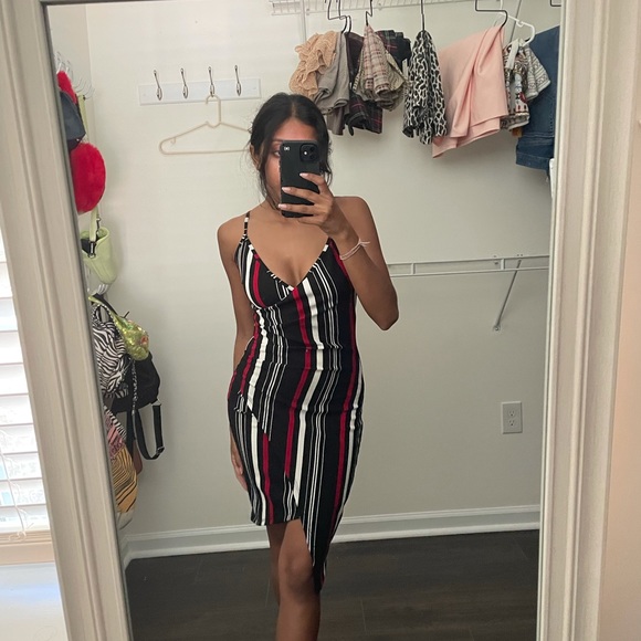 RED BLACK AND WHITE STRIPED ASYMMETRICAL STRAP DRESS - Picture 1 of 5